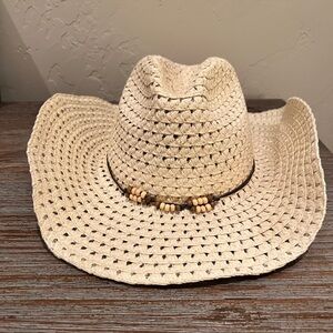 Beige Straw Cowboy Hat with Bead Accents